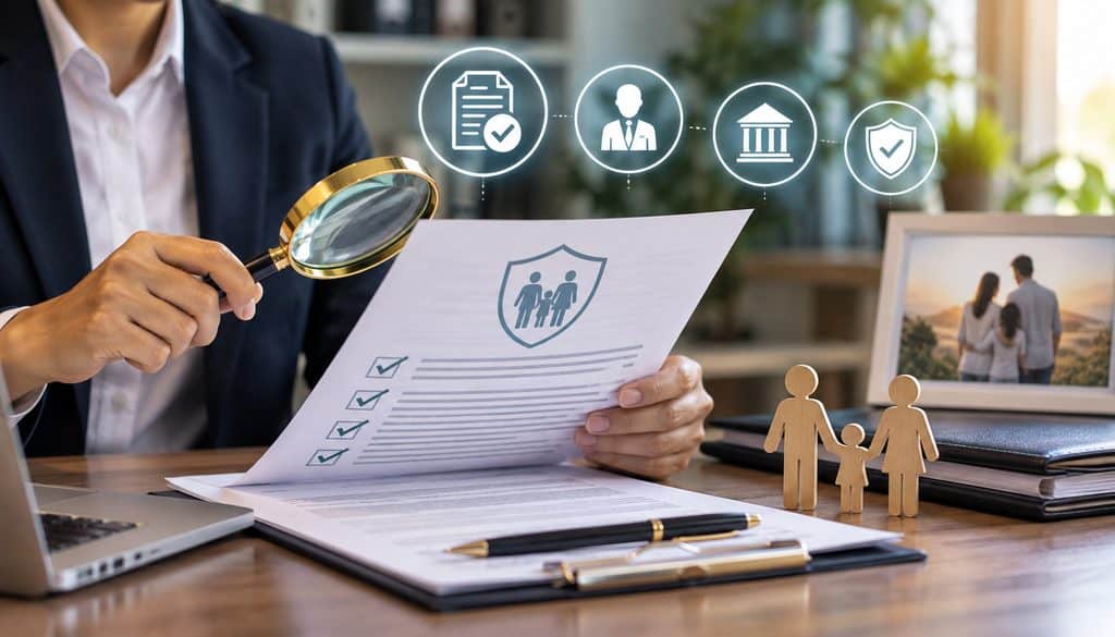 Life insurance policy verification with magnifying glass and protection icons