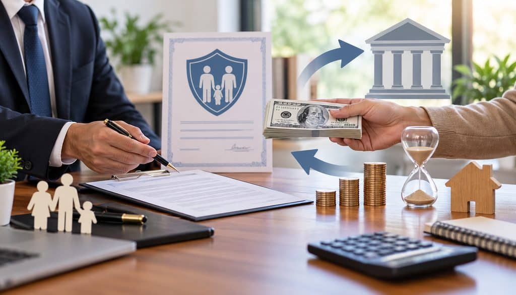 Insurance assignment funding consultation with policy documents, cash, and financial icons
